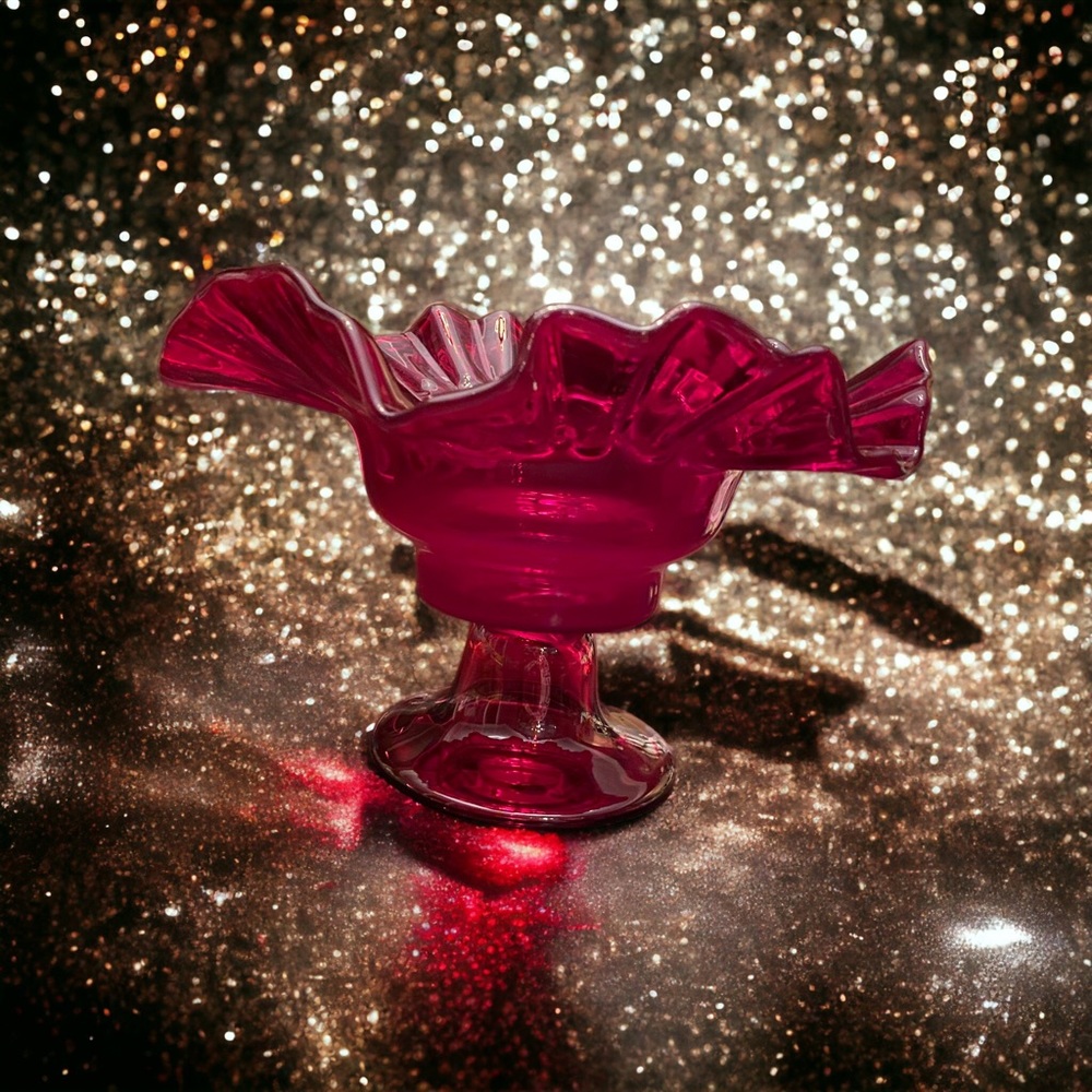 Vintage Fenton Ruby Red Thumbprint Glass Compote Ruffled Candy Dish - Picture 7 of 14